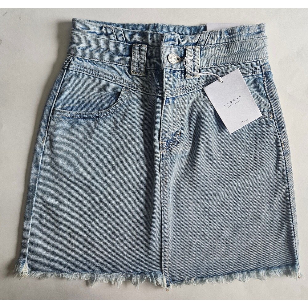 KANCAN Women's Light Wash Hallie Denim Jean Skirt Frayed Hem S Small NWT